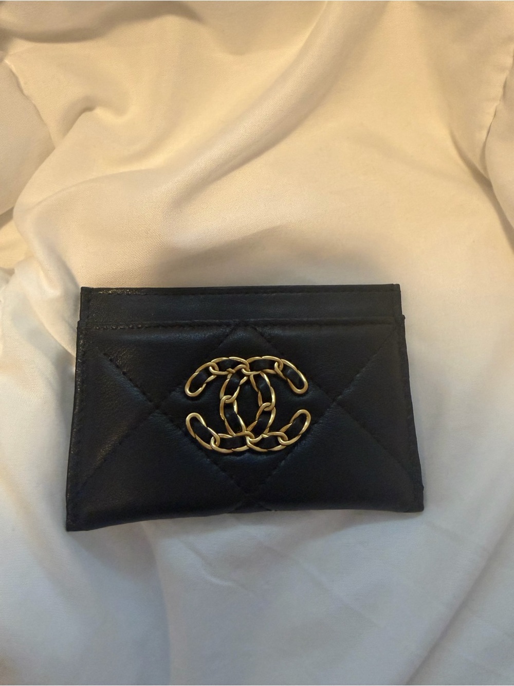 CHANEL Black Quilted Card Case with Gold Chain CC